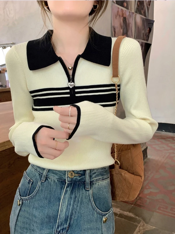 Slim Fit Striped Knit Sweater Women's Spring Autumn Versatile Outerwear Base Shirt Trendy Inner Match Half Zipper Turn-down C...