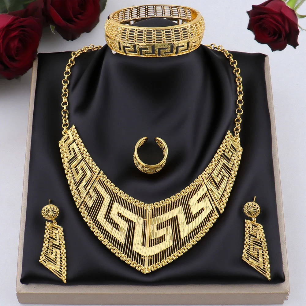

YM Jewelry Gold Plated Earrings Necklace Bangle Ring Sets For Women Luxury Dubai Color Jewelry Sets for Banquet Wedding Gift