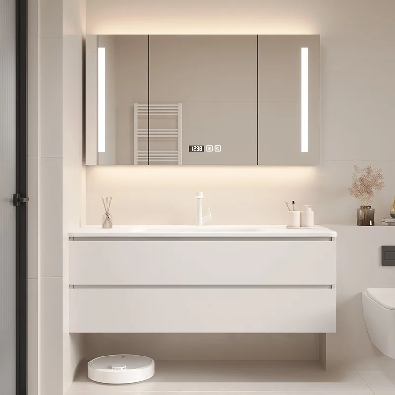 

Seamless basin, rock plate, solid wood bathroom cabinet, combined bathroom, light luxury ceramic integrated washbasin, bathroom