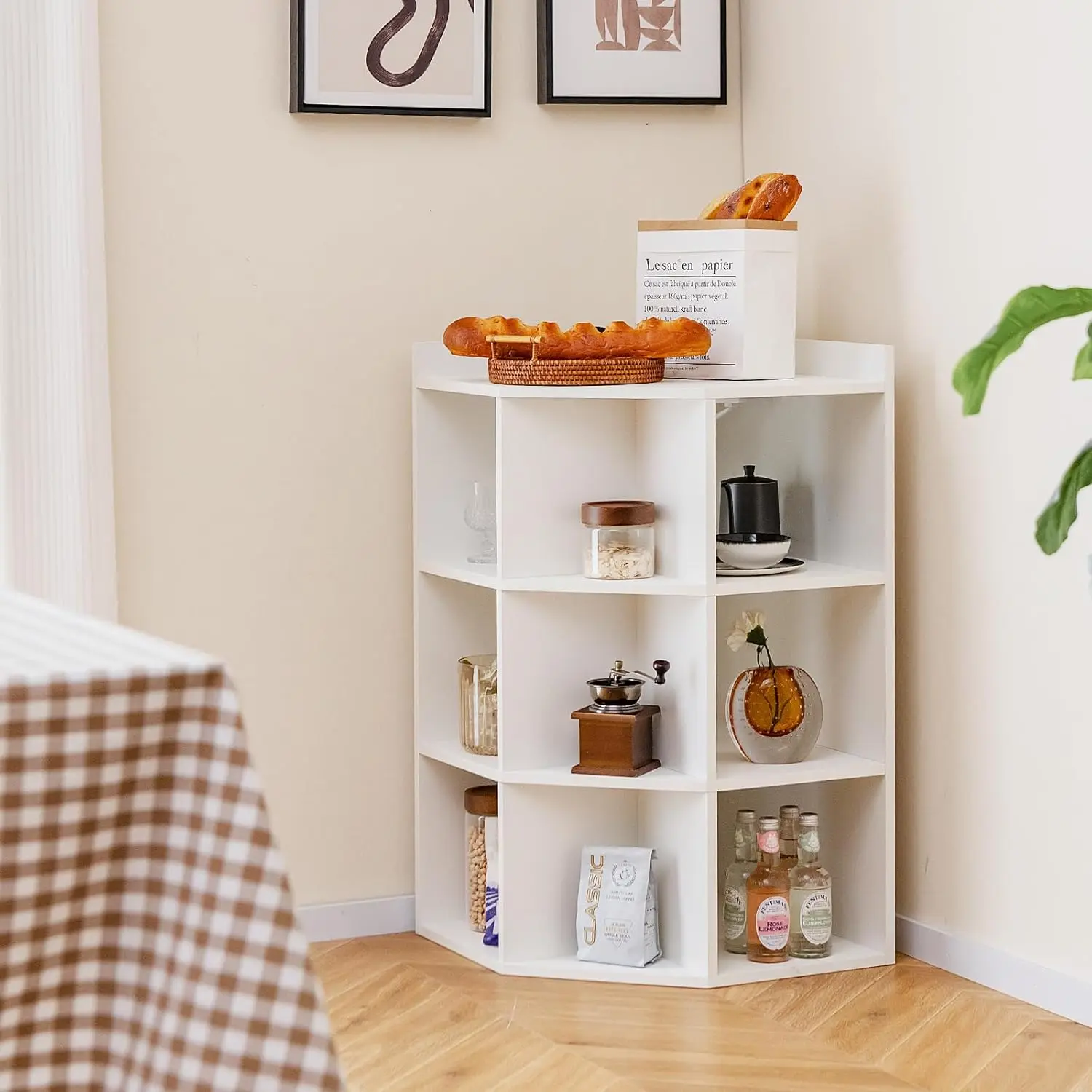 3-Tier Corner Cabinet with Charging Station, Corner Shelf with 9 Cubbies, 2 USB Ports & 4 Outlets, Cube Bookshelf, Storage