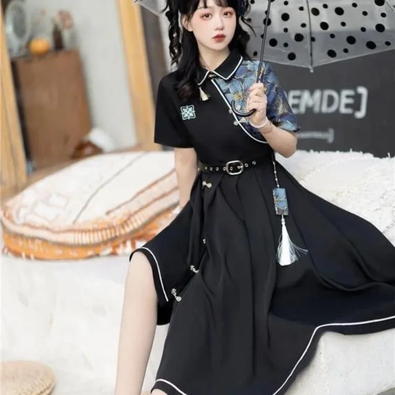 Chinese Style Han Element Hanfu Lolita Button Irregular Dress Gothic Black Lolita Short Long Sleeve Kawaii Daily Dresses