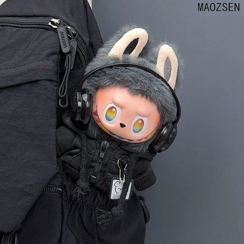 Labubu Clothes 블랙 성숙한 스포츠 스타일 후드 이어폰, 세트와 DIY 페어링 가능, 배낭 펜던트 의류 액세서리