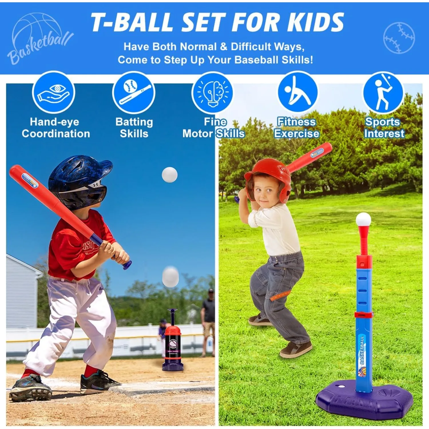 Set di canestro da basket 4 in 1 per bambini e set di palline a T con lanciatore automatico Gioco di anelli di lancio per giocattoli sportivi per bambini all'aperto per interni