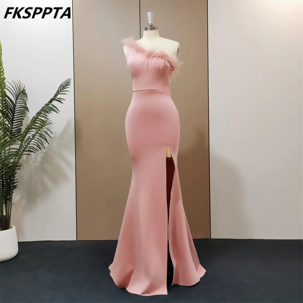 New Pink One Shoulder Long Evening Dress Mermaid Side Split Feathers Satin Lovely Prom Party Gowns For Women Robe De Soiree