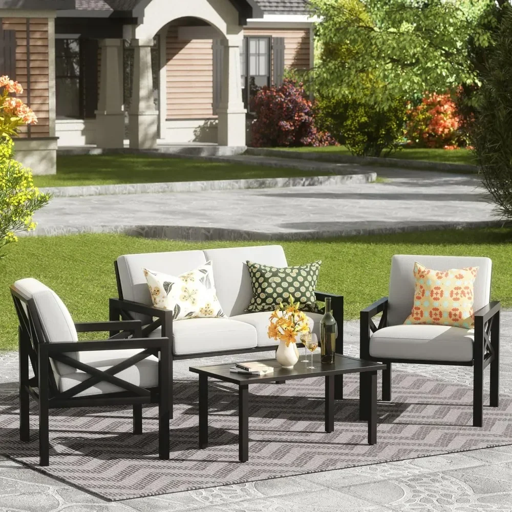 

Outdoor Patio Furniture 4 Pieces Set, Outdoor Sectional Metal Sofa with 5.5 Inch Cushion and Coffee Table ,Outdoor Set