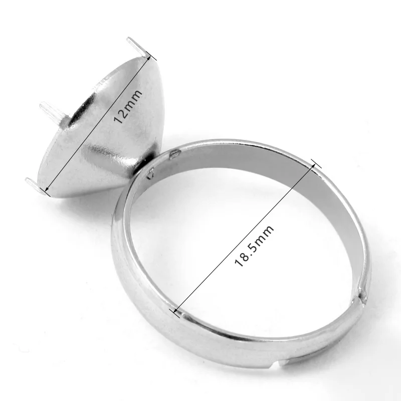 50pcs Stainless Steel Ring Bases 12mm 4 Prongs Pins Circle Bezel Rivoli Stone Cabochon Rings Settings Findings DIY Crafts