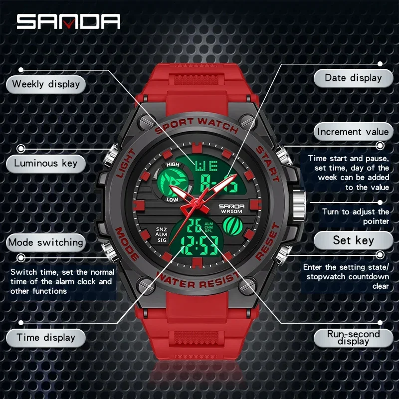 SANDA mens watches Casual Sports Outdoor Military Waterproof Shockproof Automatic Rubber Quartz Clock Shock New luxury watch9011