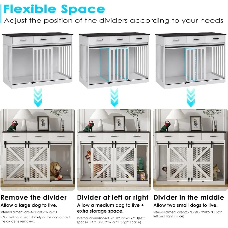 47 Inch Dog Crate Furniture, 2-in-1 Large Dog Kennel with Drawers Storage, Double Doors Heavy Duty Indoor TV Stand