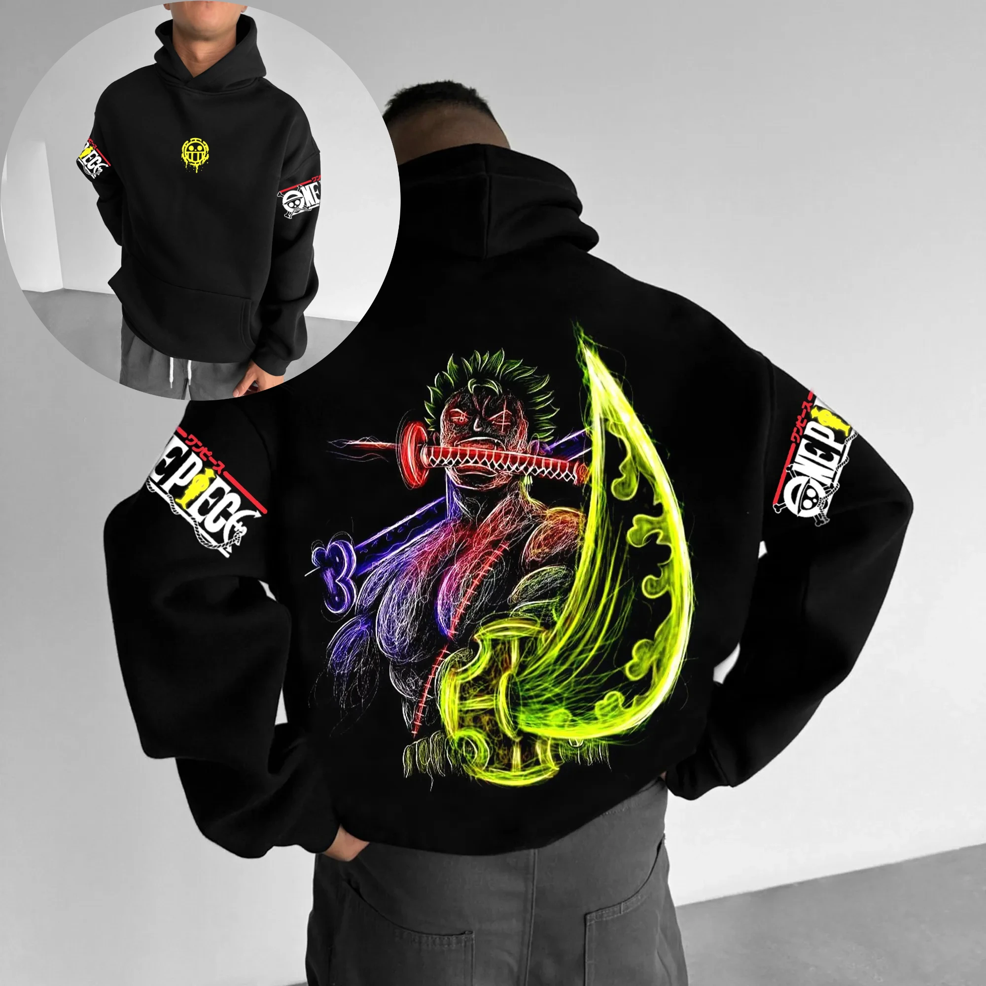

One Piece Zoro Roronoa Three Swords Epic Back Print Hoodie Men Black Green Cotton Casual Long Sleeve Autumn Winter Streetwear