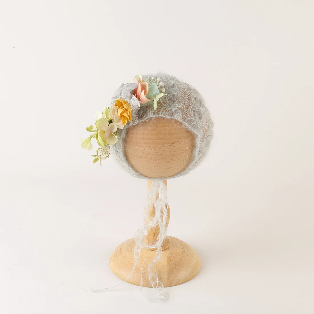 New Born Knitted Stretch Removable Sticky Flower Bonnet Photography Props Crochet Mohair Floral Hat Baby Photo Shoot