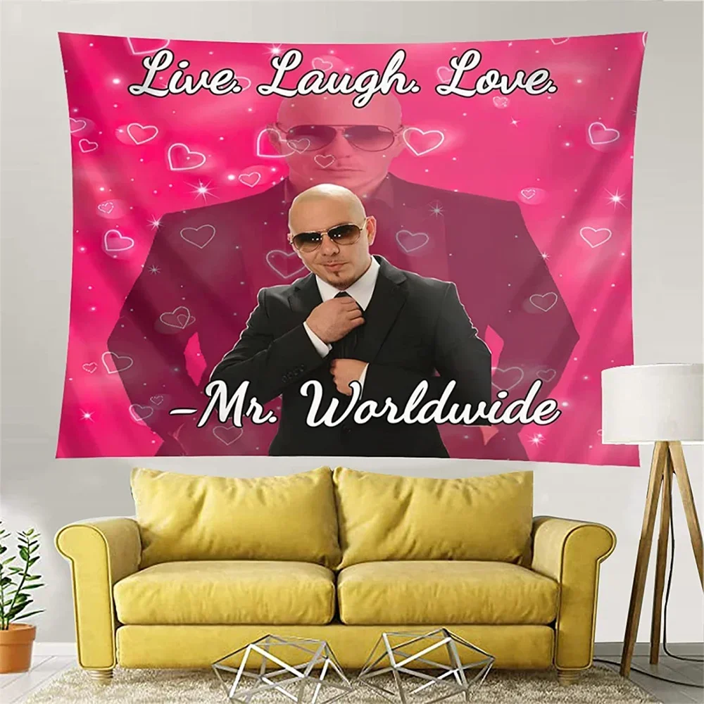 Pitbull Mr 305 Mr. Worldwide Wall Tapestry, Y2K Live Laugh Love Meme Tapestry, Aesthetic Room Decor, Macrame Tapestries