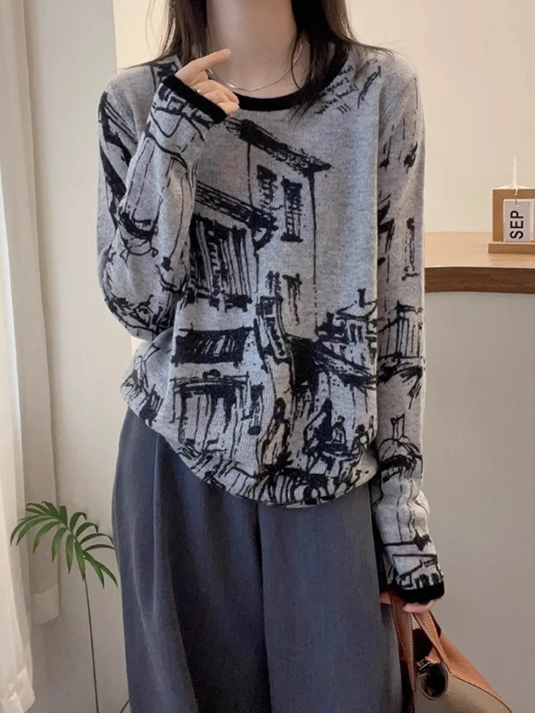 

Ele Color Blo round Ne Knitted Wool Sweater Faionable Design Traditional Chinese Ink Painting Sle Korean Loose Fit