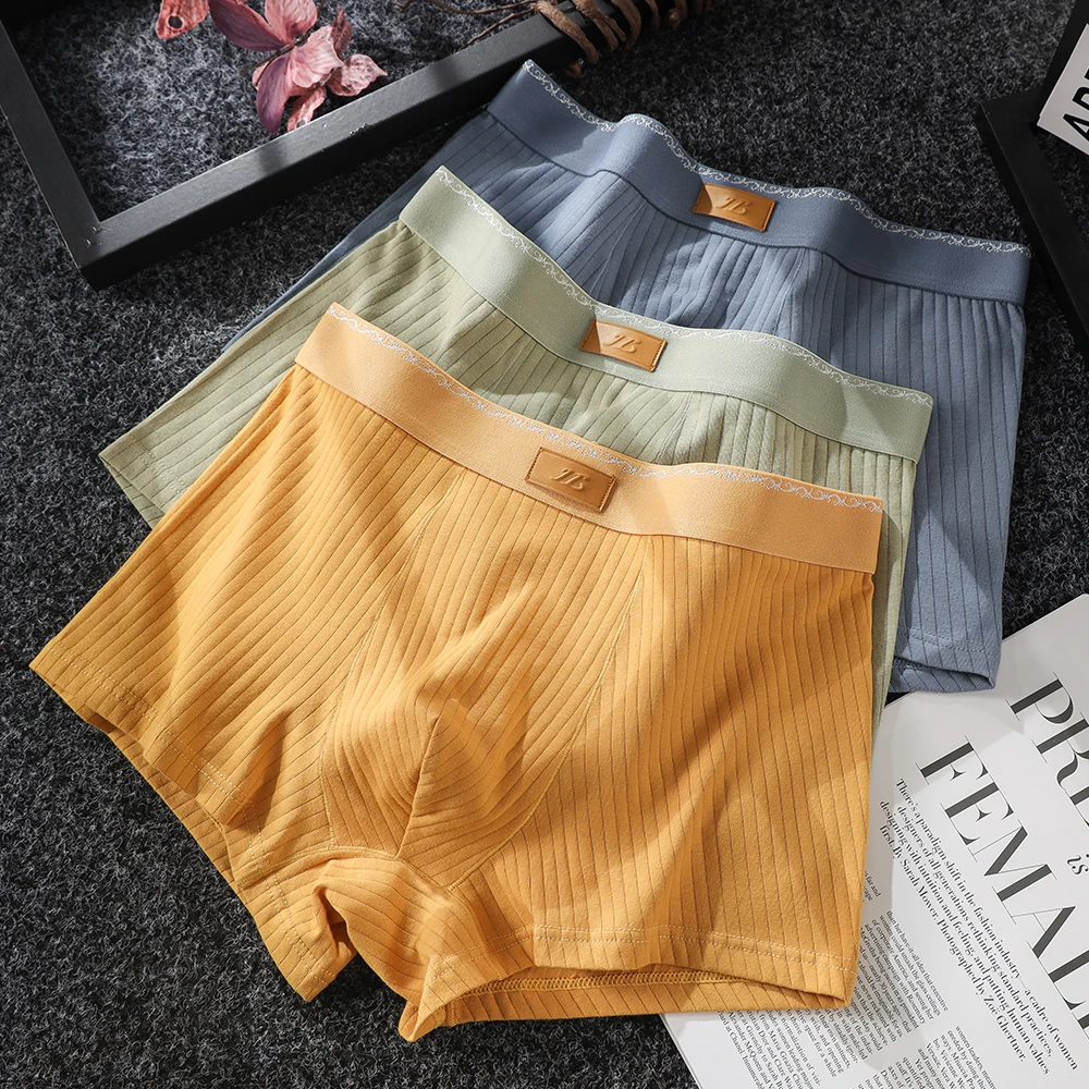  1/3PCS 95% Cotton Solid Knit Striped Men Underwear Breathable Antibacterial Silk Mesh Crotch Men's Panties High Stretch Boxers