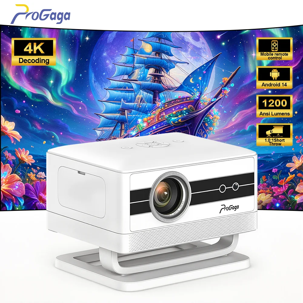PROGAGA PG380 4k Full HD 1080P 1200Ansi Projetor Smart Android 14 Mini Portable Video Beam Projector PK PG370 Smart Home Theater