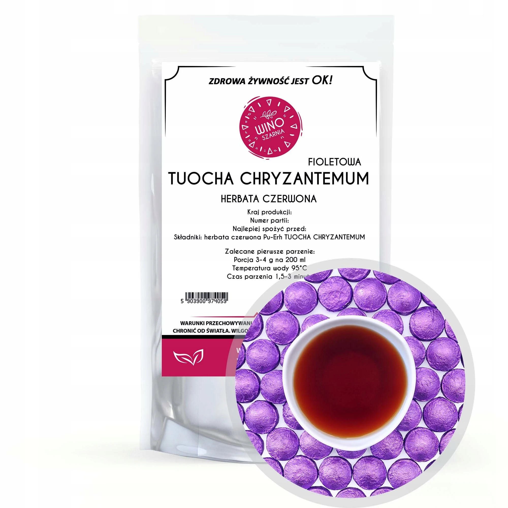 Herbata Czerwona PUERH fioletowa TUOCHA Chryzantemum - 50g prasowana pu erh