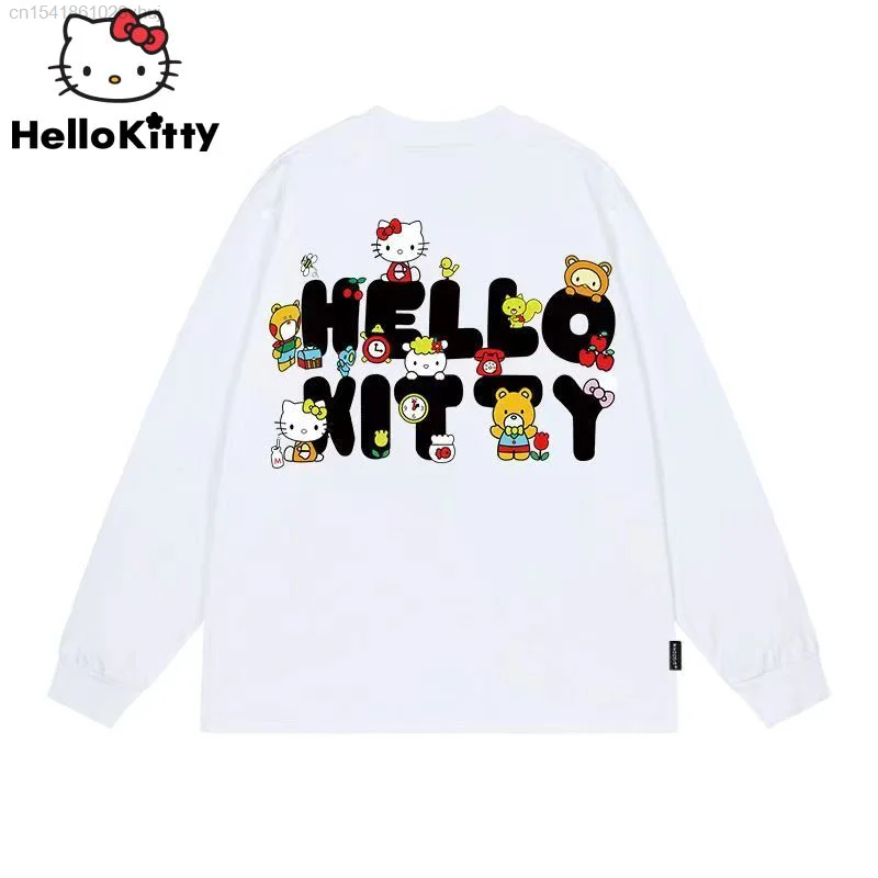 Sanrio Hello Kitty Long Sleeved T-shirts Men Women Loose New In Cute Graphic Balck White Tees Tops Yk2 90s Streetwear Japanese