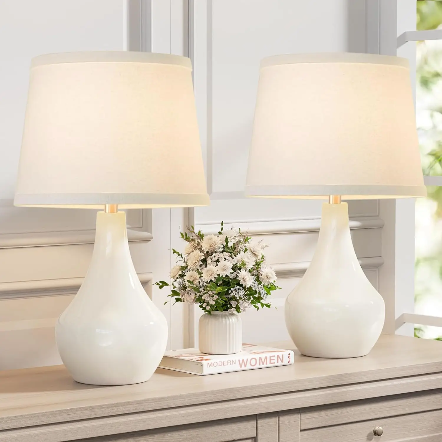 

Modern Ceramic Table Lamps Set of 2 for Night Stands, 19.4" White Bedside Lamps with Rocker Switch for Bedroom Living Room