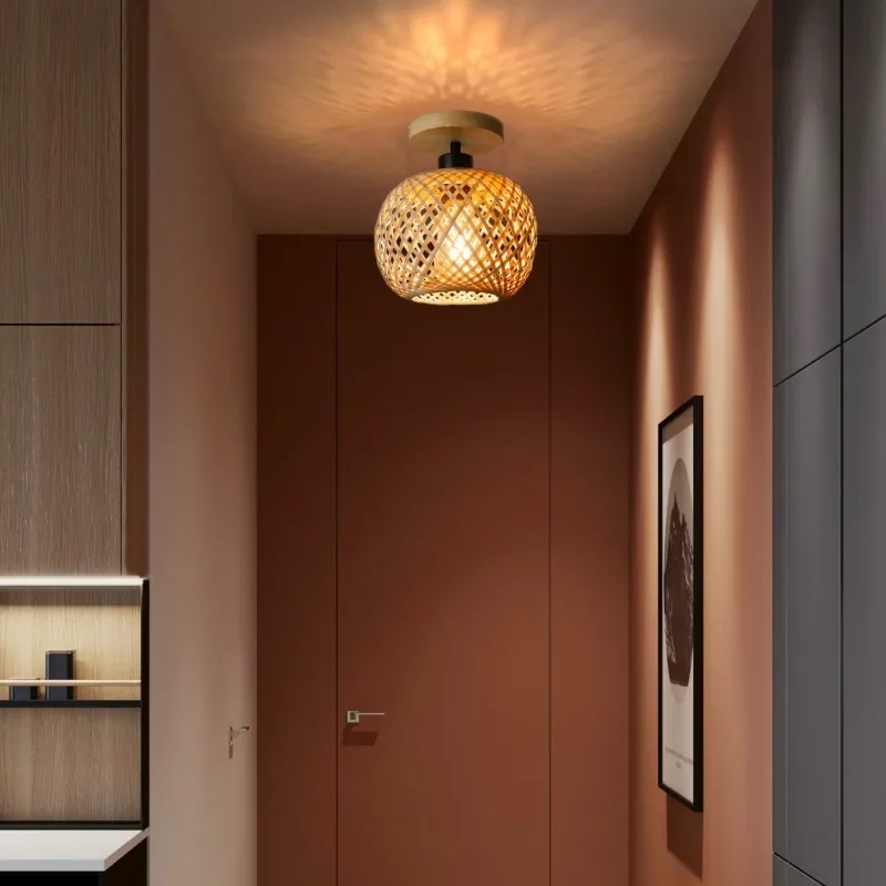 ريفي الخيزران ضوء السقف فلوش جبل عاكس الضوء المنسوجة يدويا تركيبات إضاءة داخلية مصباح السقف لغرفة المعيشة غرفة الطعام