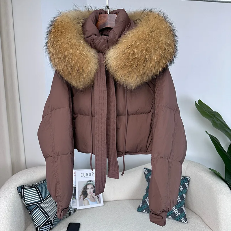 

Winter Women's Down Jackets Female Puffer Jacket Real Fox Raccoon Fur Hooded Short Parka Zipper Warm Crop Top Jacket Outwear