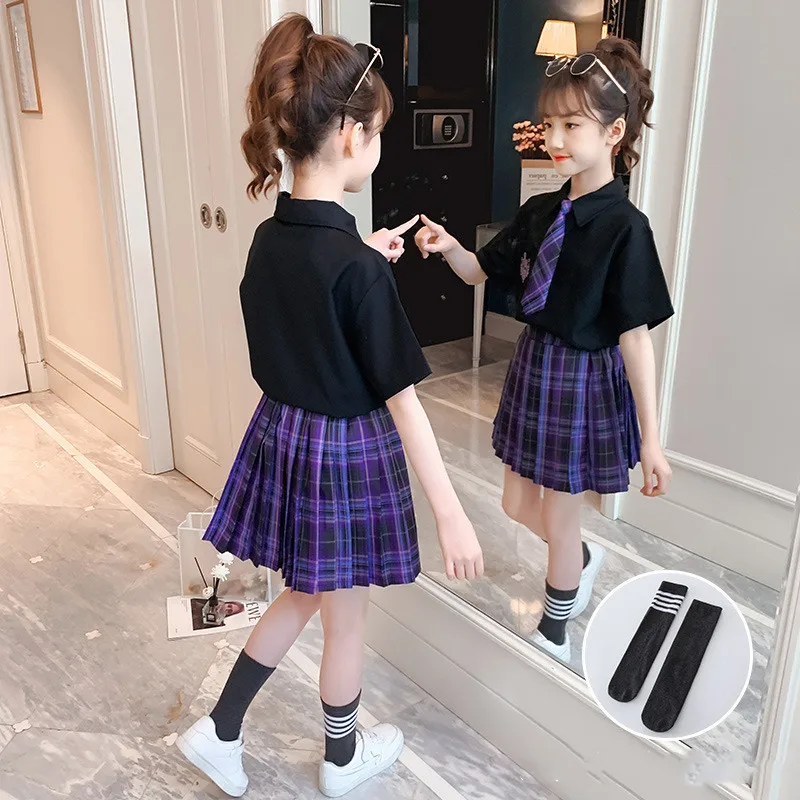 Girls Jk Uniform Student Summer Clothes Suit Short-Sleeved Shirt +Plaid Pleated Skirt Girls College Style Costume with Socks Tie