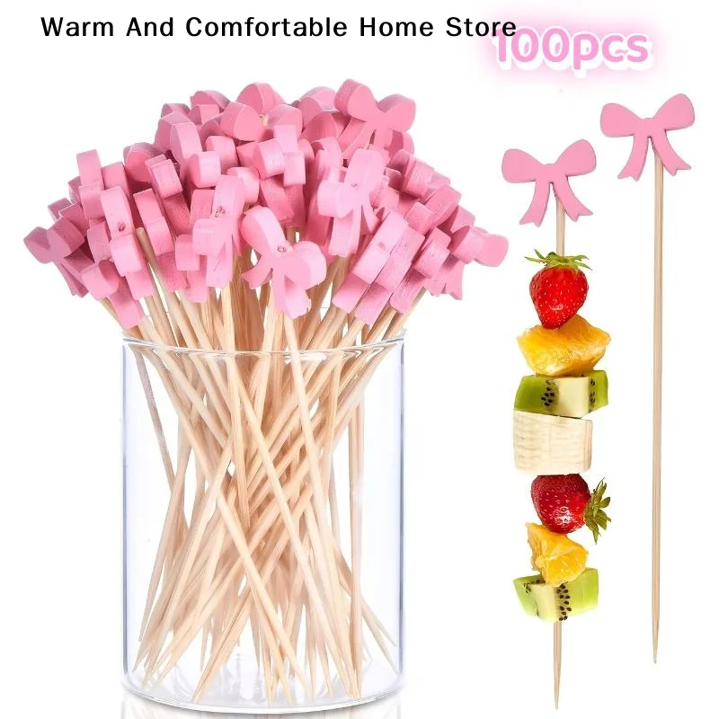 【W】100pcs Bow Wooden Cocktail Picks Disposable Bamboo Fruit Skewers For Wedding Birthday Party Decor Cupcake Toppers Appetizer