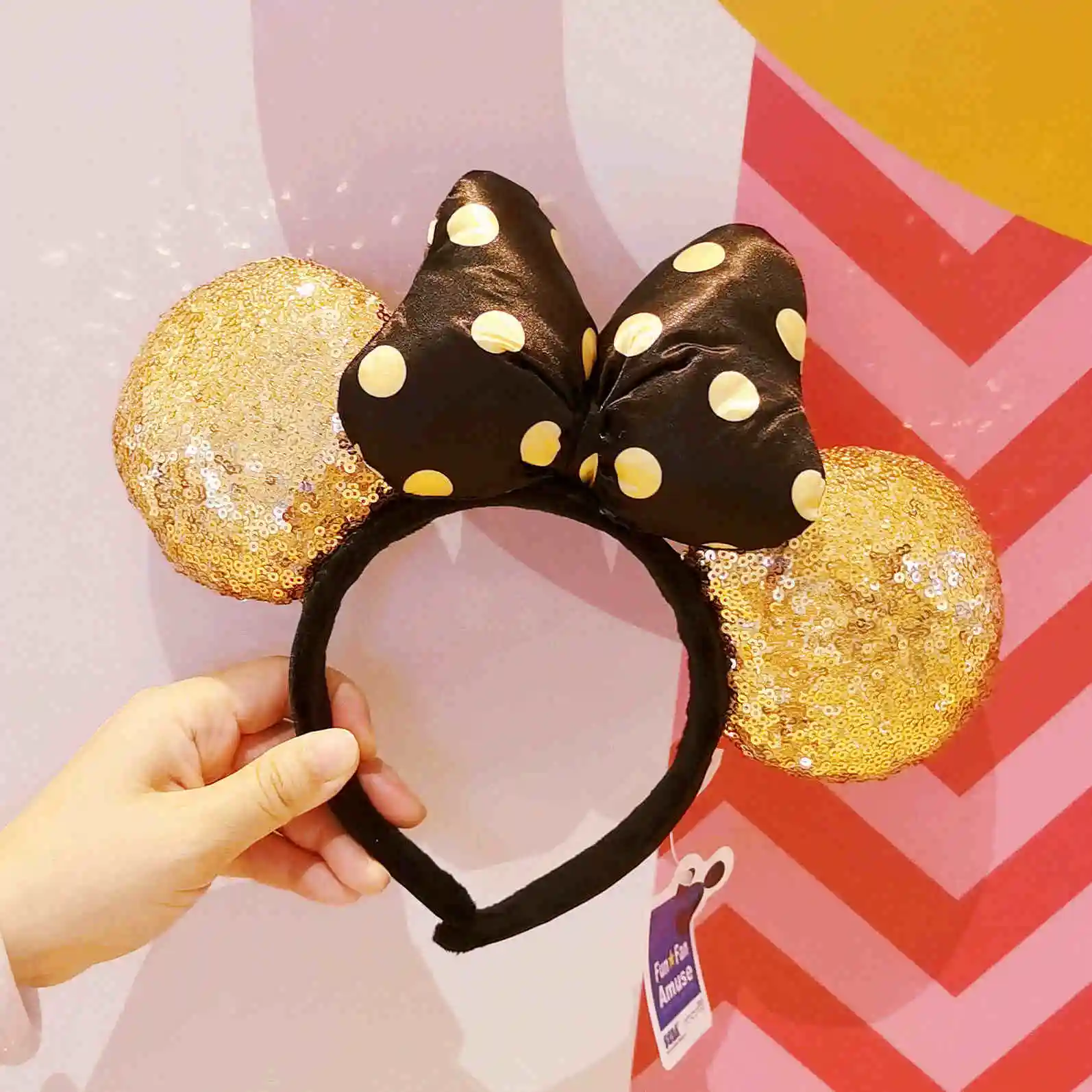 2024 Original Disney Mickey Minnie Ears Headband Disneyland Leather Headband Hairband Sequin Bow Party Hair Accessories Gift