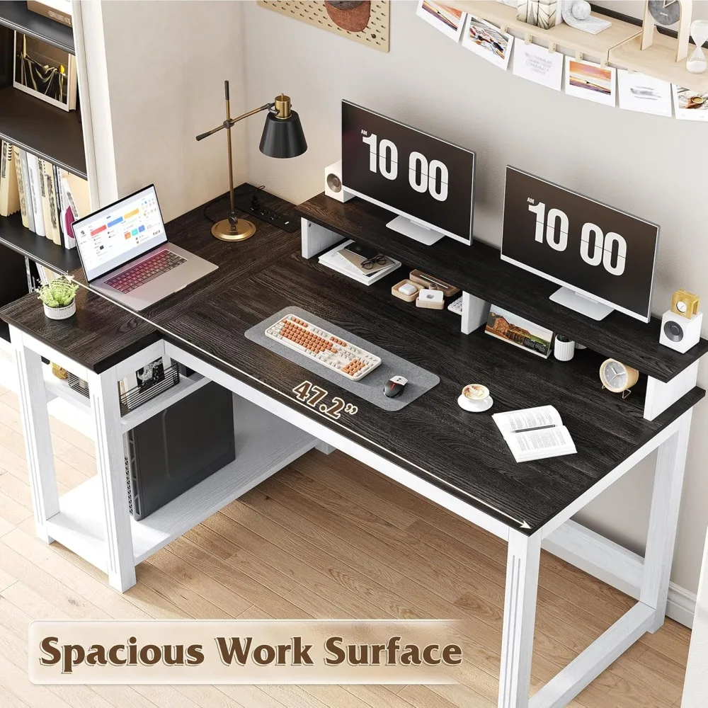 47.3 مكتب كمبيوتر مع حامل شاشة وأضواء LED، مكتب مزرعة مع مخرج طاقة وأرفف تخزين للمنزل O