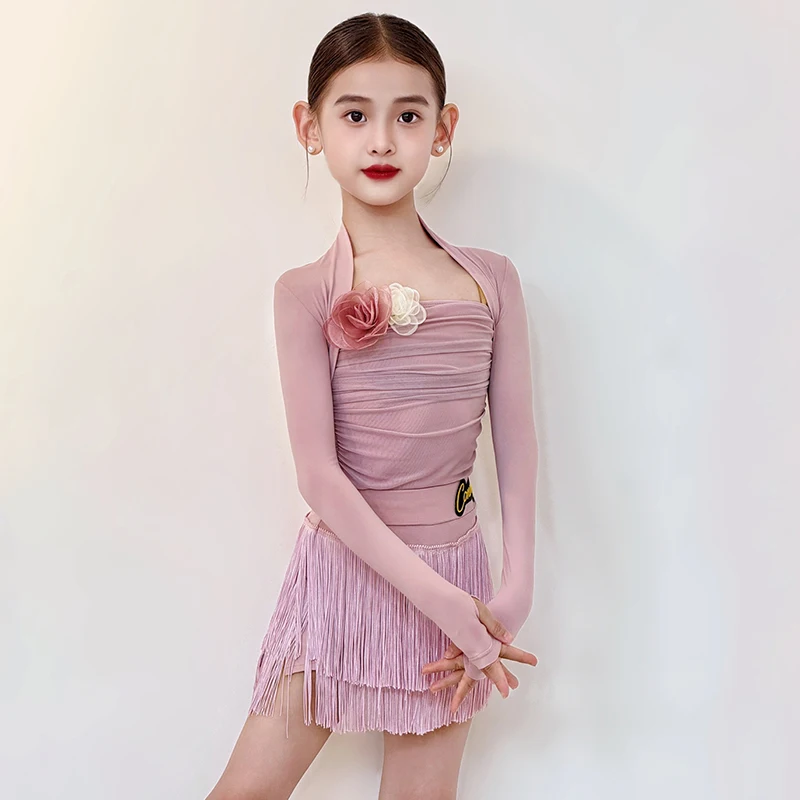 Girls Pink Latin Clothes Children Dancer Training Suit Fringe Skirt Cha Cha Samba Salsa Practice Wear Kid Latin Outfit
