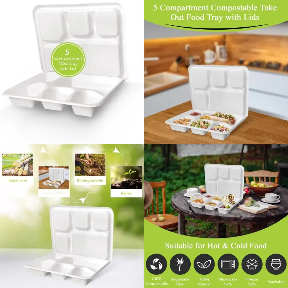 

Eco-Friendly Heavy-Duty Disposable Bagasse 5-Compartment Meal Trays with Lids, 125 Sets, Natural and Strong for Sustainable Dini