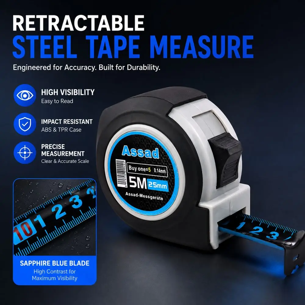 5/7.5/10m Steel Tape Measure ABS TPR Impact Resistant Retractable Tape Measure High Visibility Markings Locking Mechanism