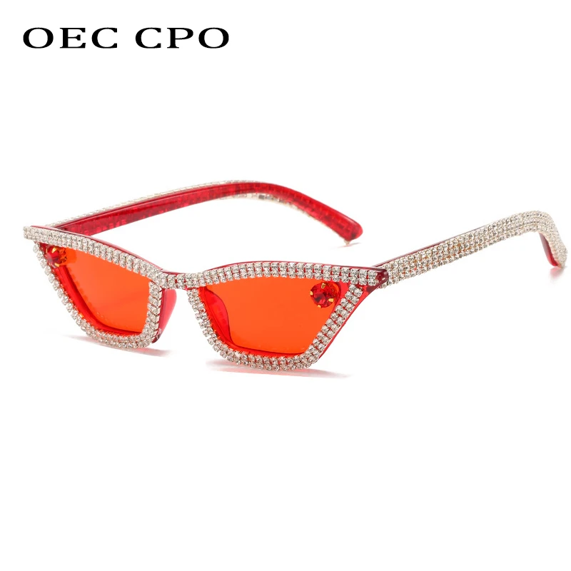 OEC CPO Fashion Women Diamond Sunglasses Vintage Small Rhinestone Cat eye Sunglasses Female Crystal Red Glasses Eyewear O726