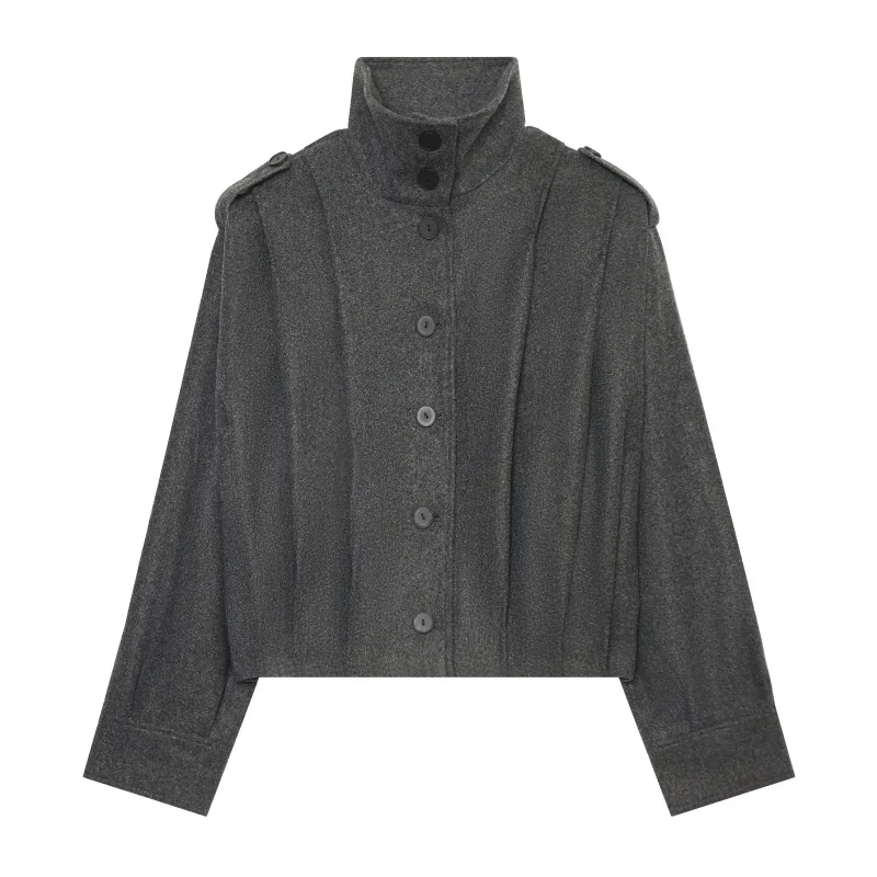 Women's Long Sleeves Jacket Stand-Up Collar With Button And Pleated Decoration Lady Elegant Outerwear Warm Woolen Overcoat