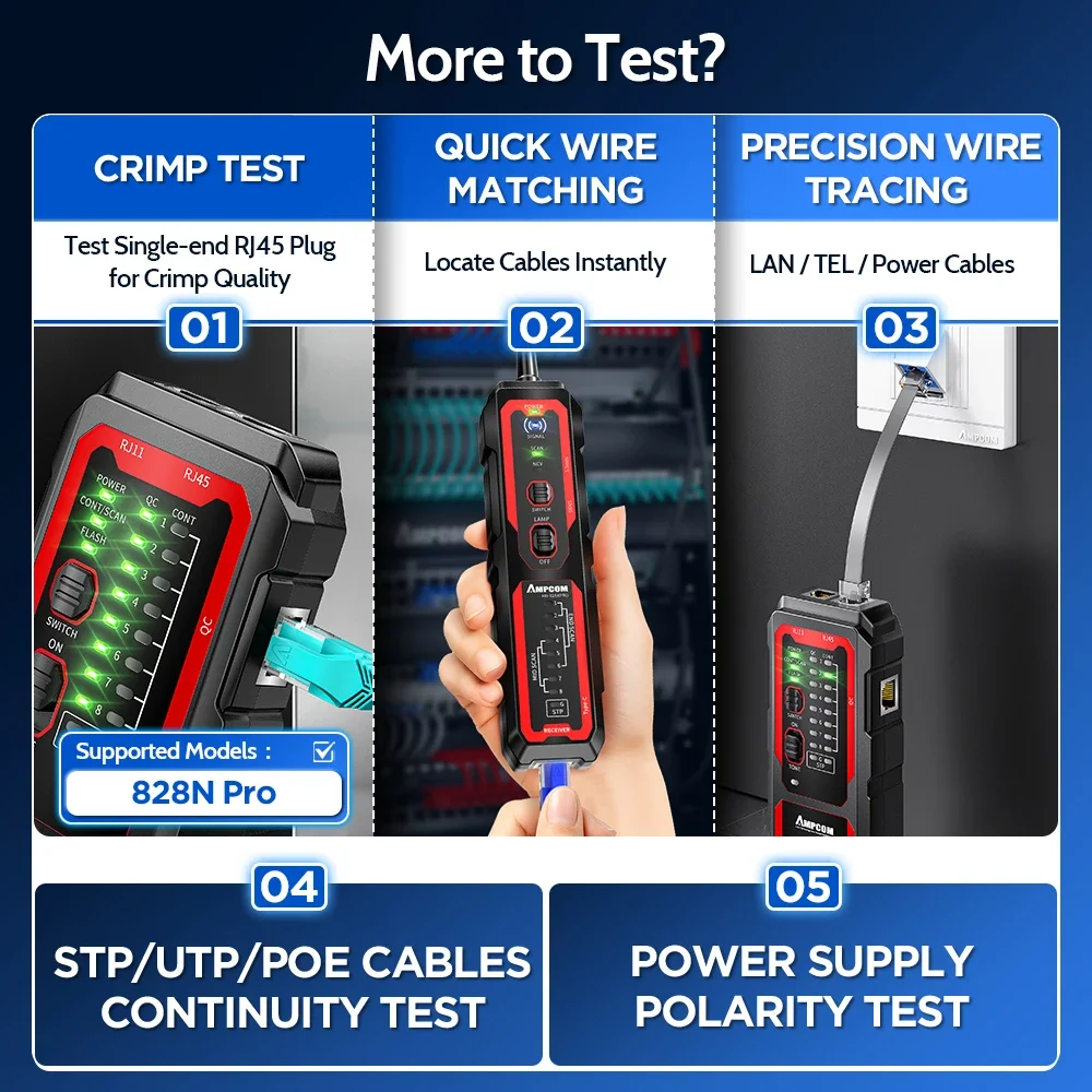 AMPCOM Network Cable Tester Kit, USB Charging, Test on PoE, NCV, Ethernet Port Flashing, Crimping Checking,LAN Cable Tracer Kits