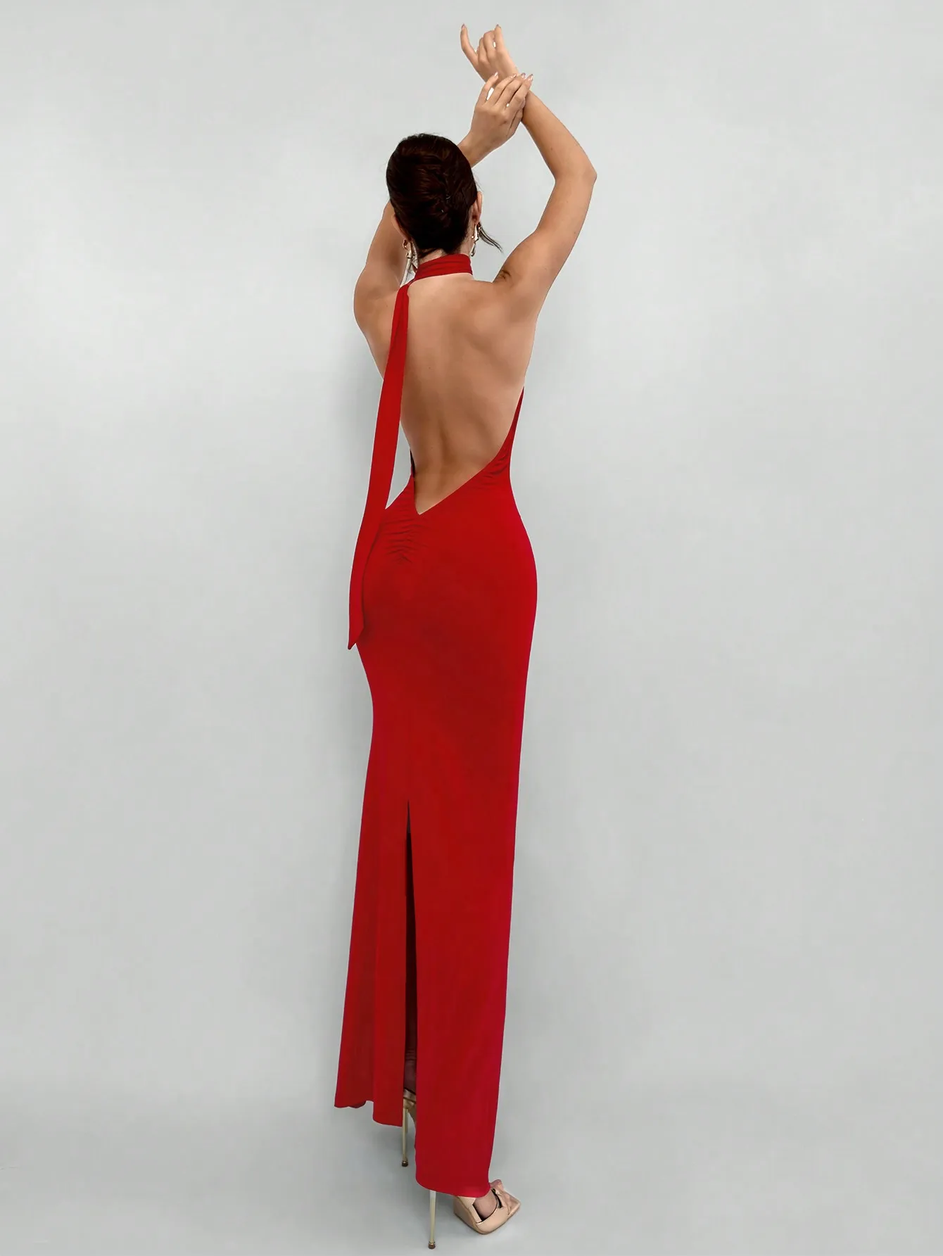 

Aloruh Women's Solid Red Backless Halter Dress For Date, Christmas, Party Hollowed Costumes Thanksgiving Women