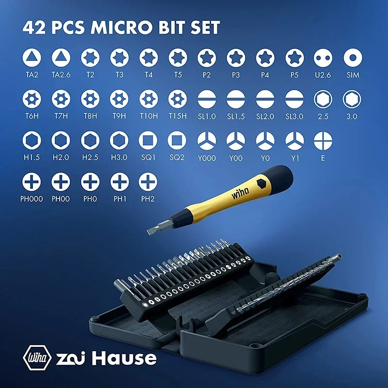 Wiha 44624 Micro-bit Set 40 in 1 Magnetic Electrostatic Dissipative Screwdriver Bit Set with Extension Rod Z6901C4 Safe Storage