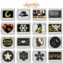 Hapiship 2024 Women's Black Heart Flower Cat Spider Italian Charms Links Beads Fit 9mm Stainless Steel Bracelet Jewelry ZH005