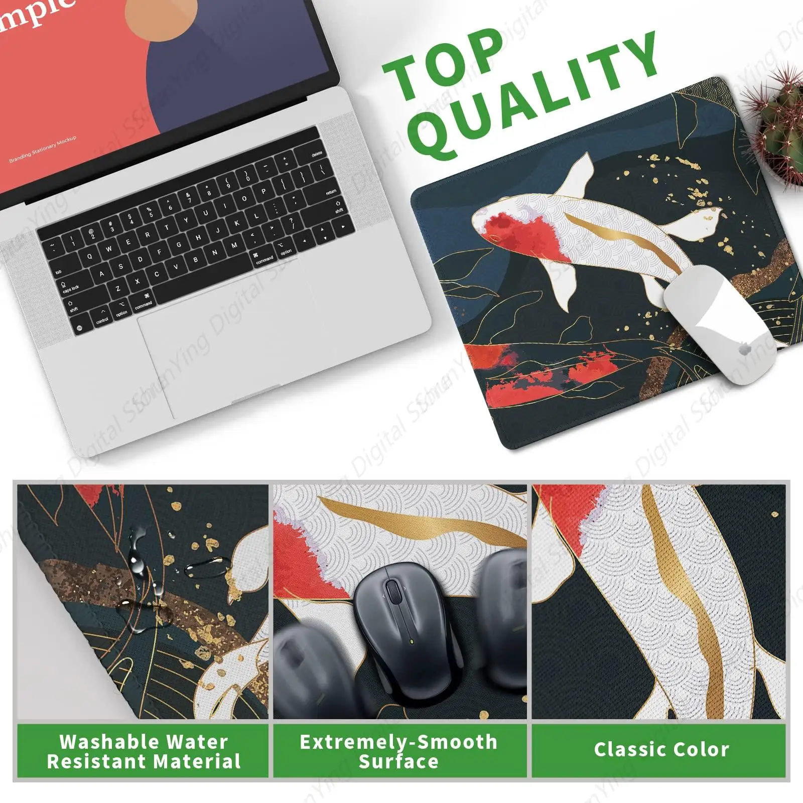 Koi Fish Printed Gaming Mouse Pad Non slip Rubber Base 8.6 X 7 Inch with Stitching Edge Laptop Mouse Pad Home Office