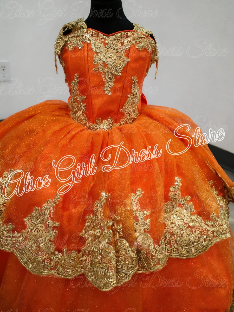Customized Orange Flower Girl Dress Bow Lace Appliques First Communion Ball Birthday Graduation Ceremony Wedding Party Gowns