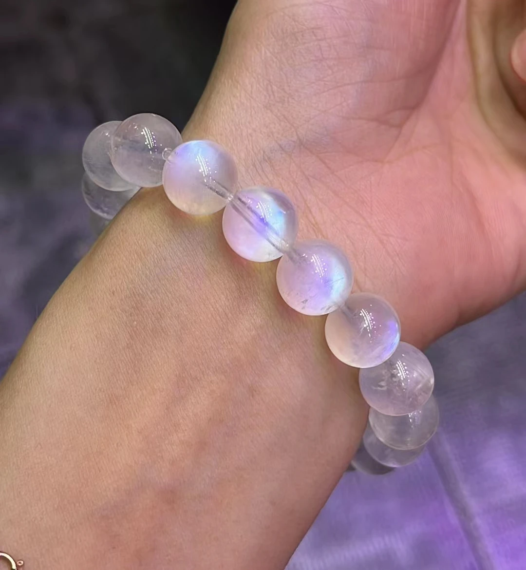 Natural Blue Light Moonstone Clear Beads Bracelet Women Men Moonstone 11mm Stretch Crystal Clear Round Beads Bracelet AAAAA