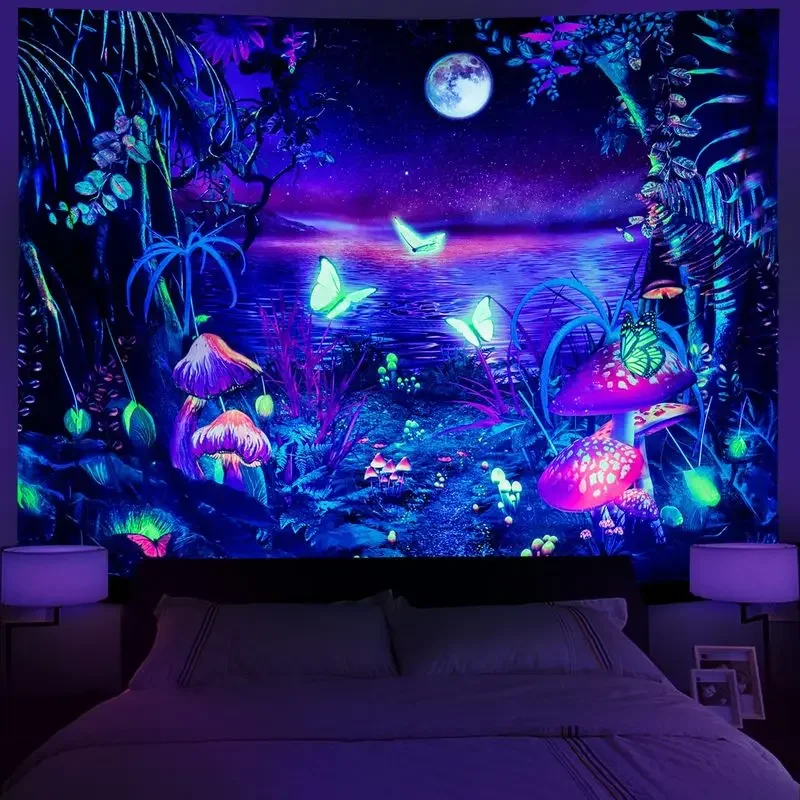 VIKAMA Brilliant Fungi Timberland Winged Insect Lunar Tarn Black Light Tapestry UV Active Surreal Wall Decor Soft Durable Cozy