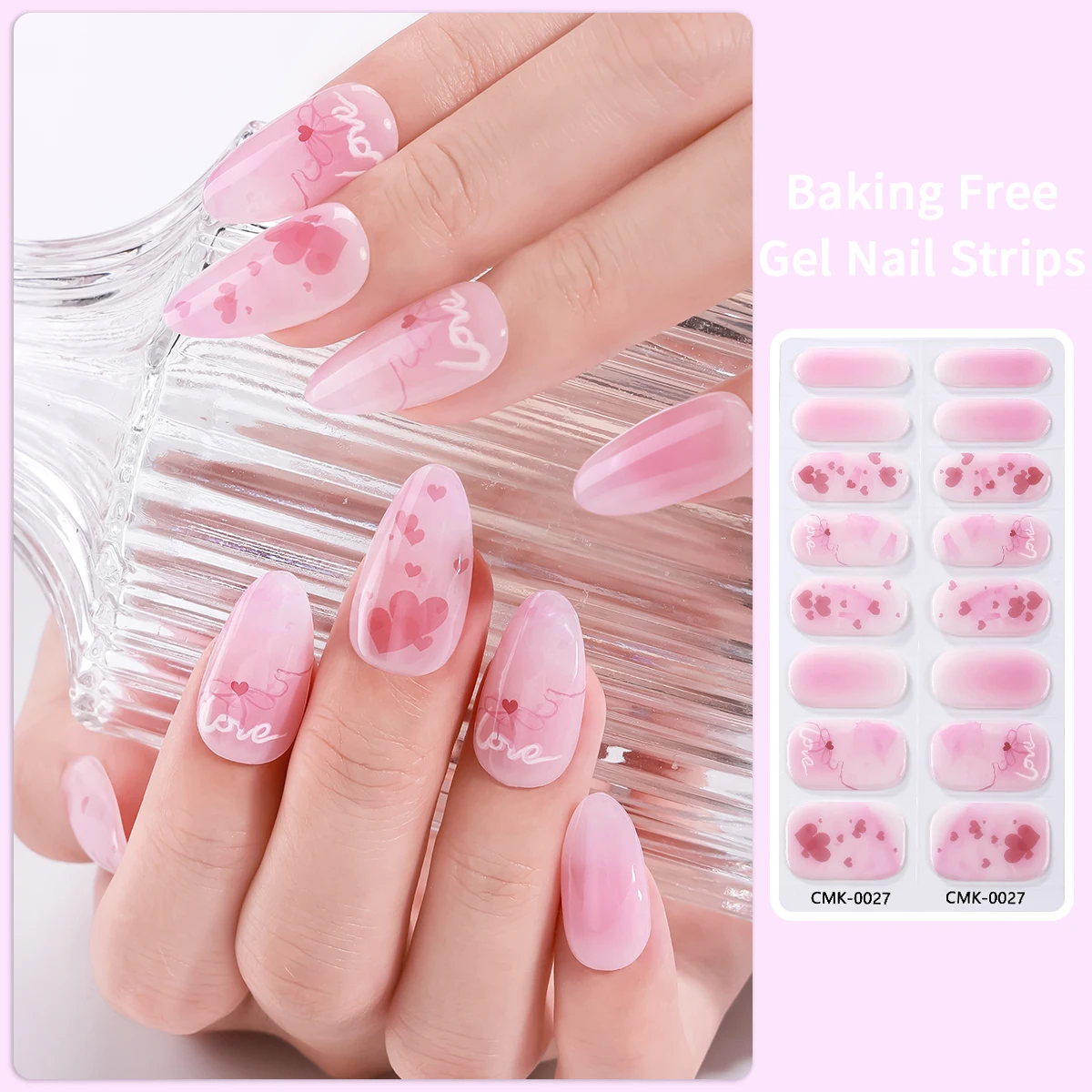 

16Tips Baking Free Valentine Love Nail Polish Strips Pink Heart Long Cover Full Gel Nail Stickers Waterproof Gel Nail Wraps