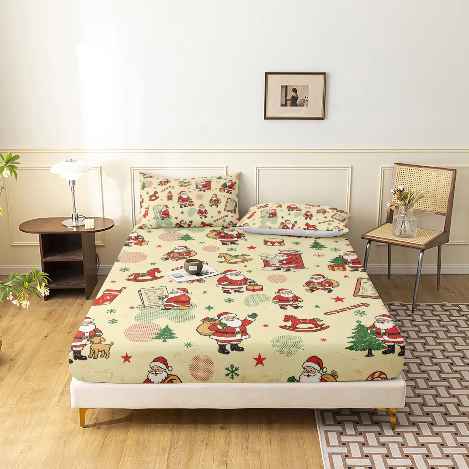 3Pcs Retro Xmas Bedding Set, Vintage Santa Claus Rocking Horse Christmas Print Fitted Sheet, Soft Microfiber Holiday Bed Linens