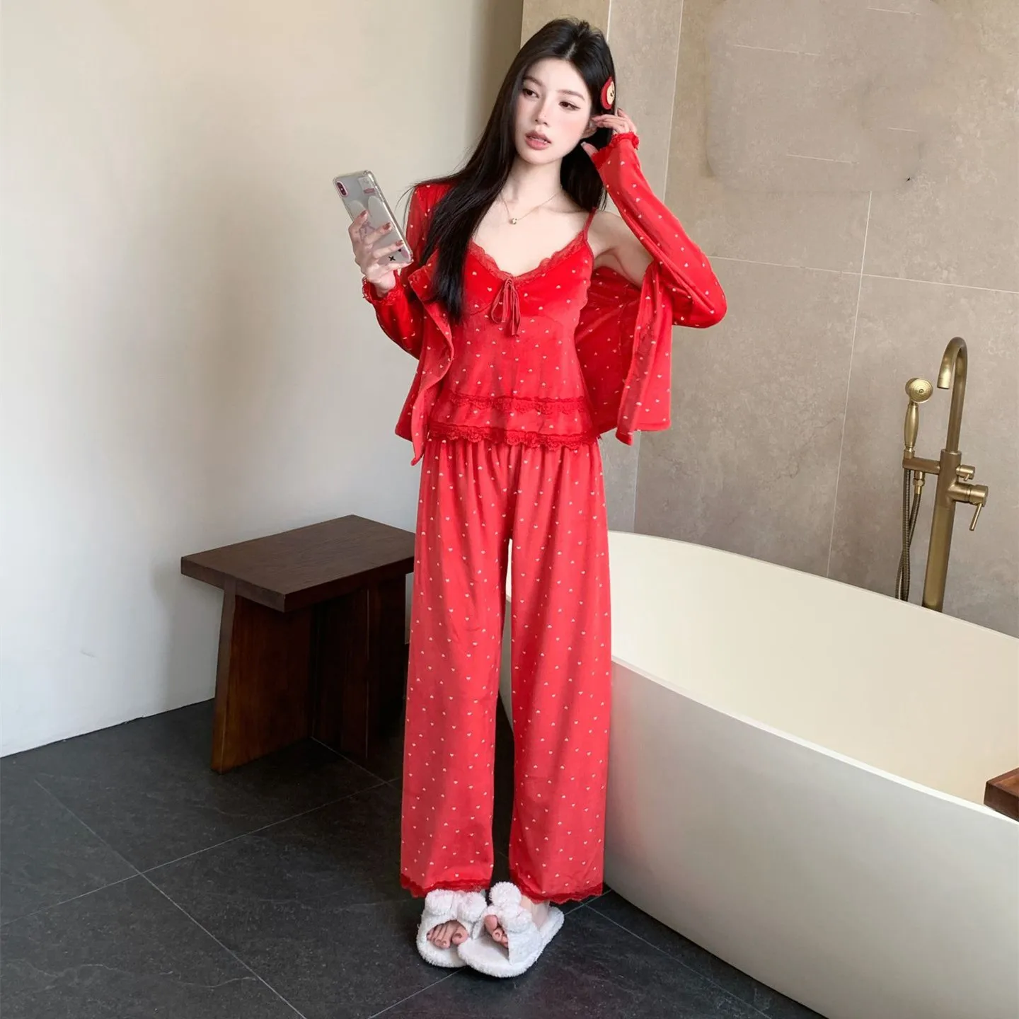 Red Print 3Pcs Pajamas Set Women's Sleepwear Elegant French Style Lace Trim Pijamas Suit Loose Homewear Pyjama