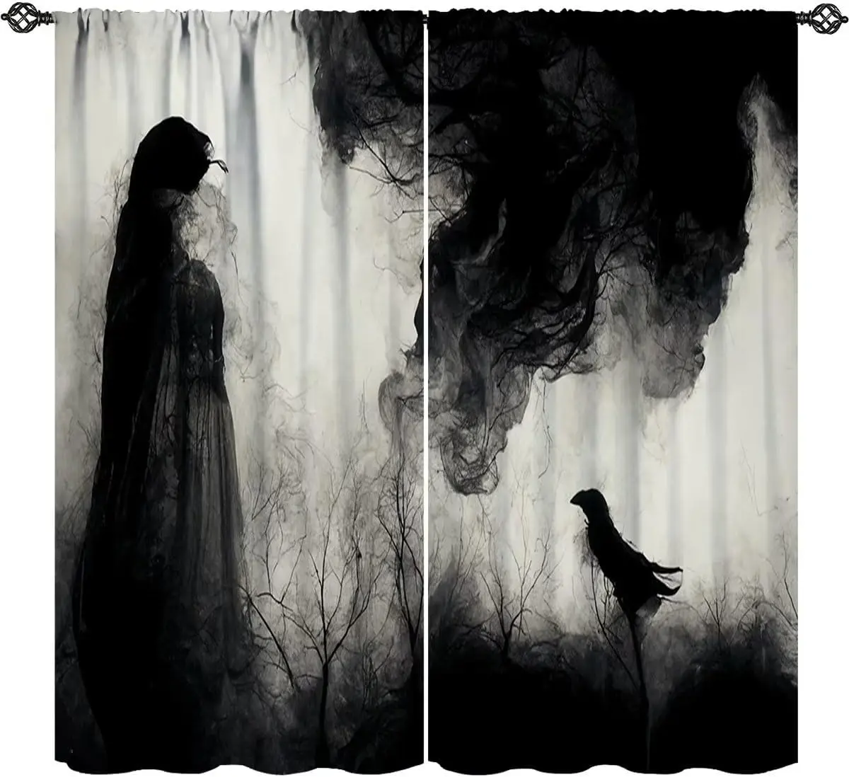 Gothic Ghost Crow Curtains 2 Panels, Ink Smoke Lady Silhouette Dead Tree Monochrome Window Drapes for Halloween Bedroom Decor