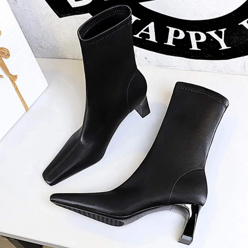 BIGTREE Shoes Autumn Winter Short Boots Square Head Leather Boots Women Shoes Thick Heel Skinny Boots Fashion High-heeled Boots