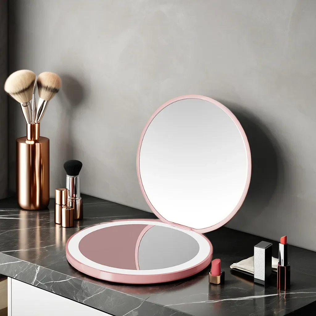 Reizen gepersonaliseerde kleine LED-licht cosmetische 2-zijdig opvouwbare make-up compacte zakspiegel dames lichtgevend effect minispiegel