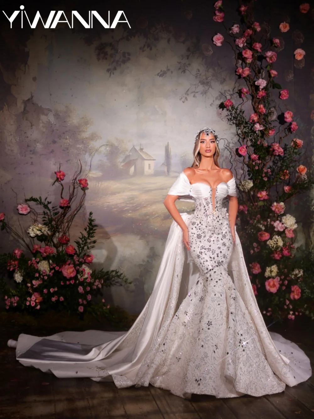 

Gorgeous Crystal Embroidery Wedding Dress Detachable Train Dreamy Bridal Gown Customized Shinny Long Mermaid Dresses For Bride