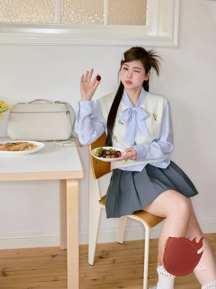 

Утягивающая плиссированная юбка с высокой талией для похудения, комплект для женщин больших размеров, студенческий многослойный рюкзак и жилет, корейский комплект