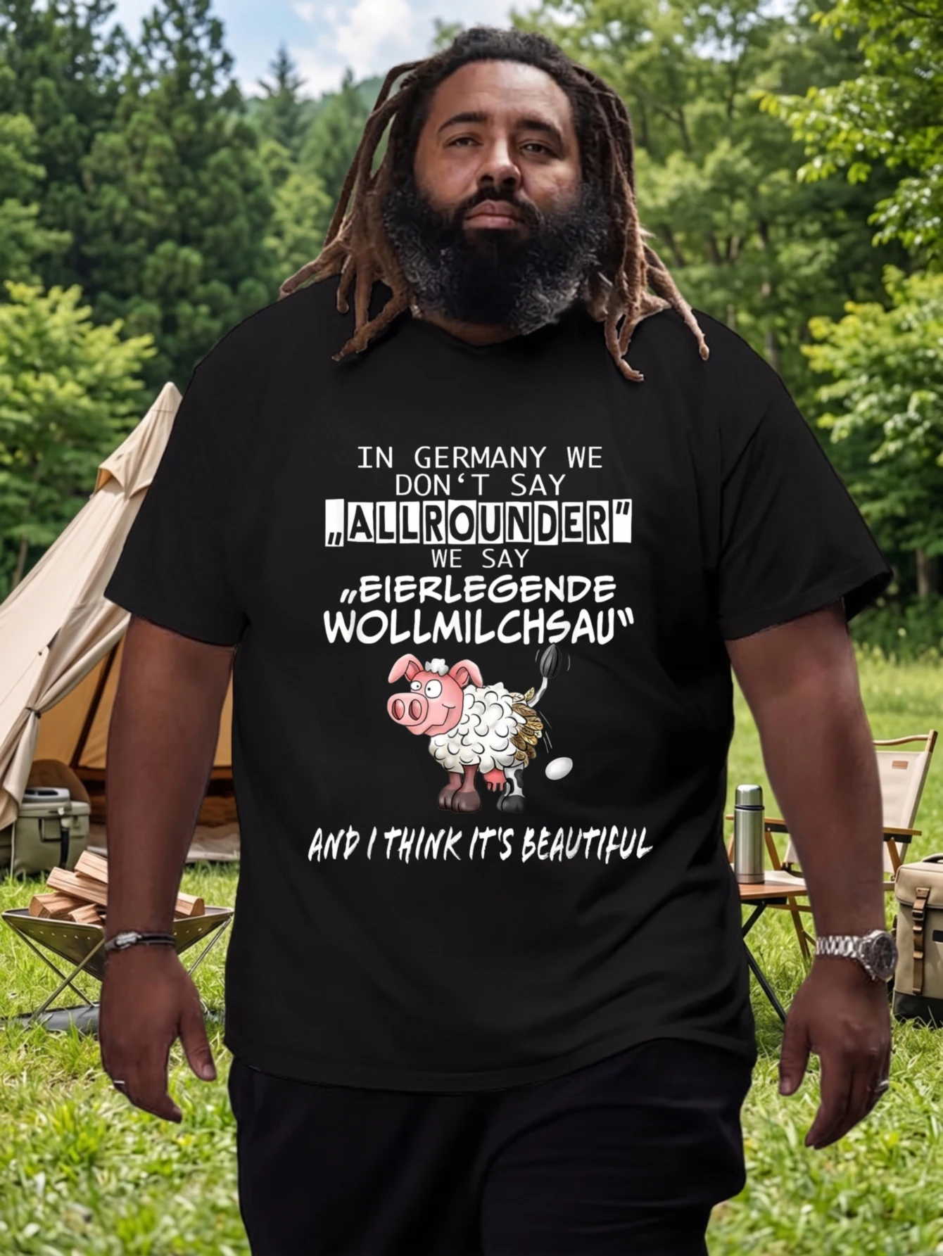 1 pièce T-shirt unisexe 100% coton pour hommes et femmes, fabriqué en Allemagne, avec l'impression « We Don't Say Allrounder We Say Eierlegende Wollmilchsau » et « And I Think Its Beautiful », col rond, manches courtes, grande taille, confortable, décontracté, lavable en machine.