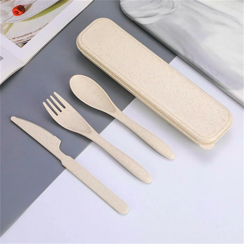 3Pcs Wheat Wheat Stalk Dinnerware Set Portable Tableware Knife Fork Spoon Eco-Friendly Travel Cutlery Utensil Box Chopsticks